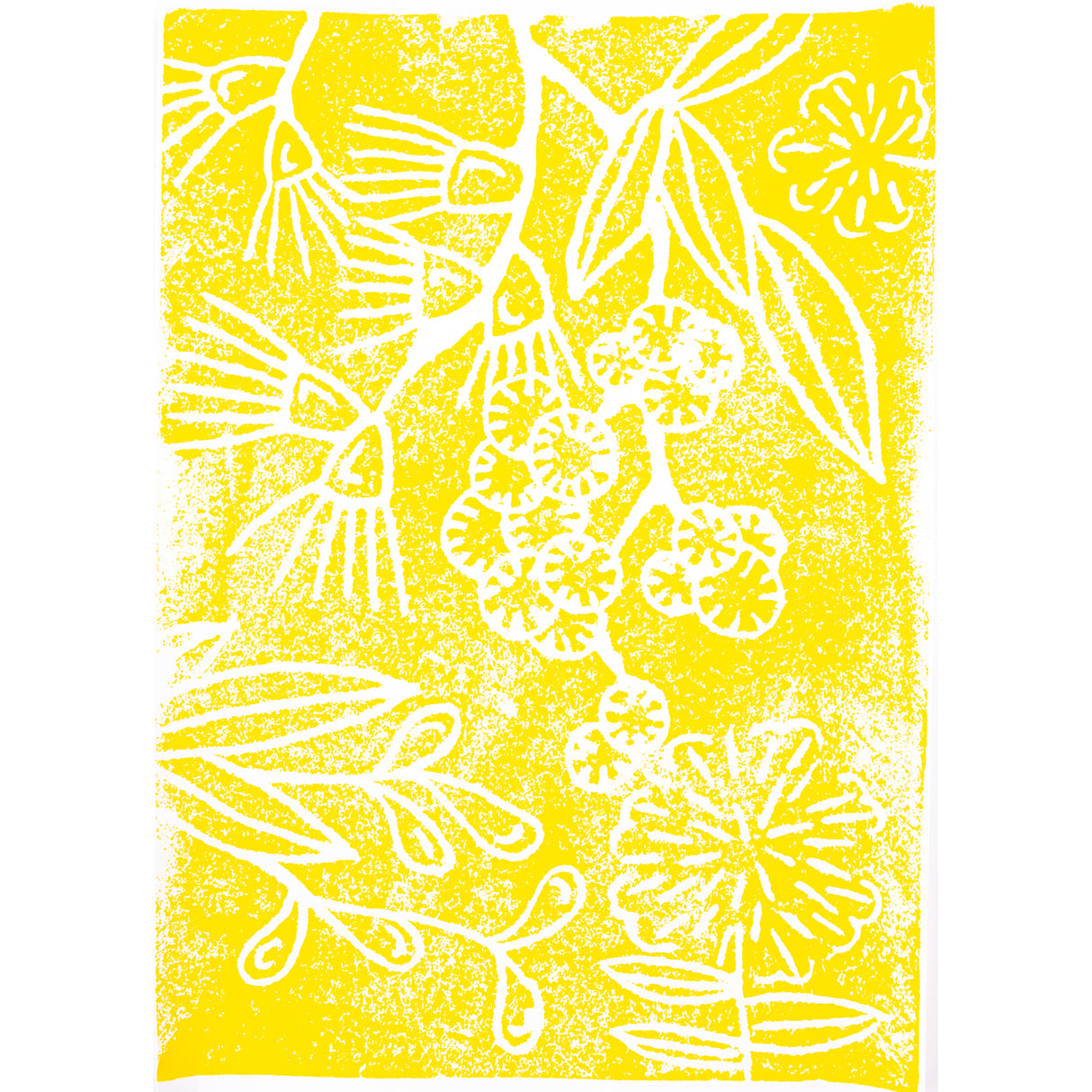 Bright yellow print made from a foam plate featuring botanical forms including leaves, seed pods and stylised flowers. The white etched areas create crisp outlines and negative space against the textured yellow ink. The composition fills the page with overlapping plant shapes and speckled print texture.