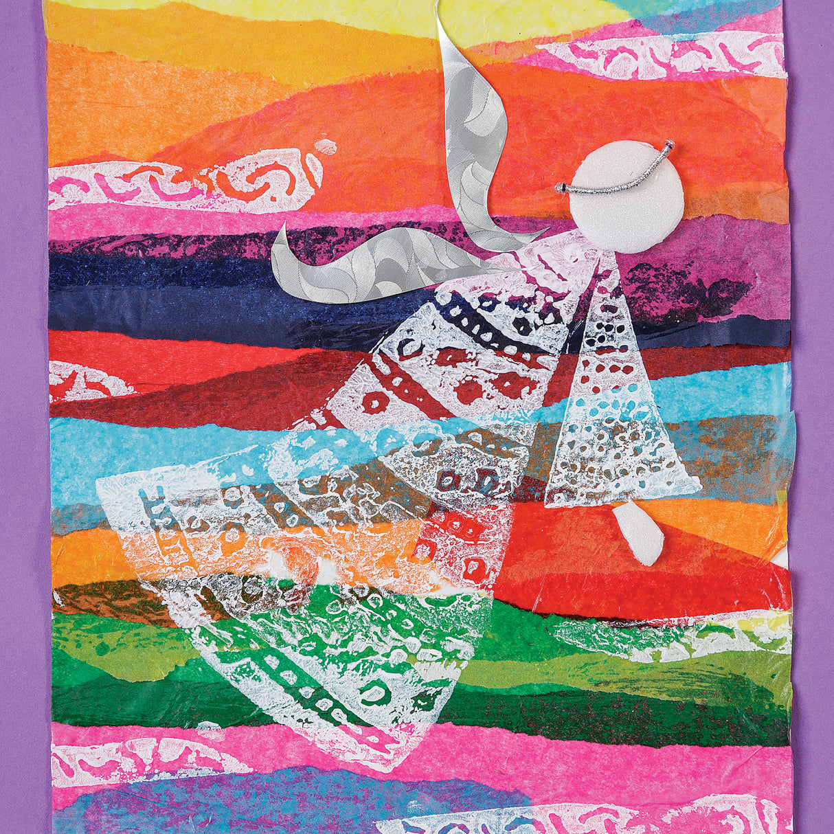 Mixed media artwork combining print foam printing and collage. A stylised figure with a circular white head and patterned dress is layered over torn, painted paper stripes in orange, pink, green and blue. Printed white textures overlay the collage, creating depth and surface contrast.