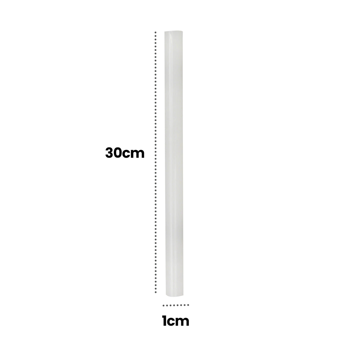 A single translucent white hot or low melt glue gun refill shown vertically on a white background. Dotted guide lines indicate its size. 30cm is shown alongside the length and 1cm is shown at the base indicating width.