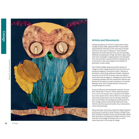 Page from Art Skills Handbook F–6 by Kate Hart showing a collage lesson spread, featuring a child-made owl artwork constructed from paper, wood slices, leaves and textured materials, alongside explanatory text on collage artists, movements and classroom discussion prompts.