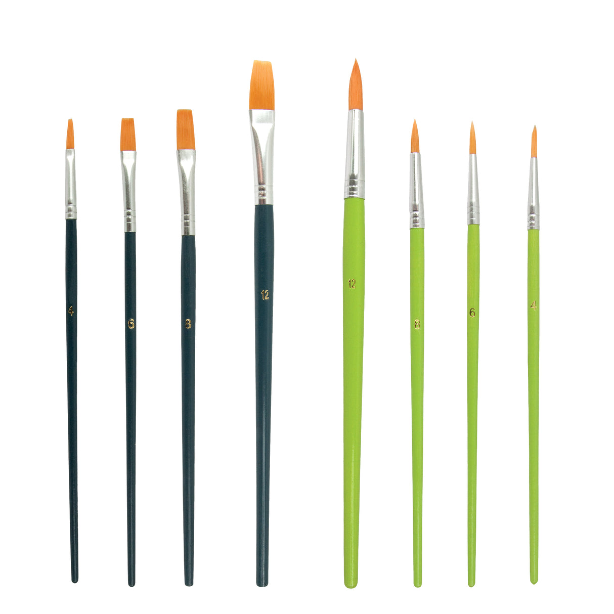 Individual synthetic paint brushes displayed upright on a white background, showing flat and round brush tips in different sizes. The brushes have dark blue and light green handles, silver ferrules, and gold size numbers including 4, 5, 6, 8, and 12 printed on the handles.