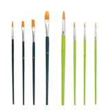 Individual synthetic paint brushes displayed upright on a white background, showing flat and round brush tips in different sizes. The brushes have dark blue and light green handles, silver ferrules, and gold size numbers including 4, 5, 6, 8, and 12 printed on the handles.