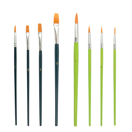 Individual synthetic paint brushes displayed upright on a white background, showing flat and round brush tips in different sizes. The brushes have dark blue and light green handles, silver ferrules, and gold size numbers including 4, 5, 6, 8, and 12 printed on the handles.