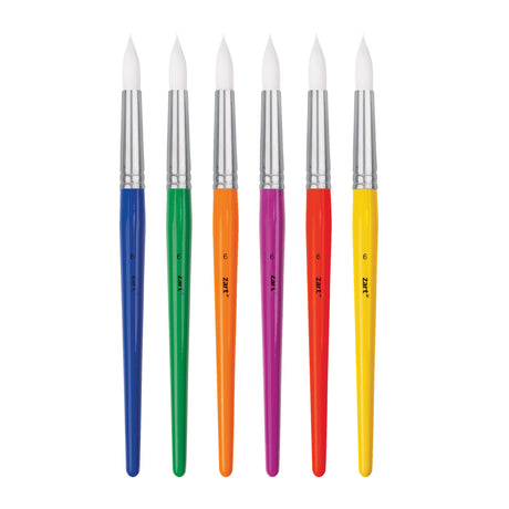 Six Zart size 6 round Taklon paint brushes shown upright in a row on a white background. Brushes have white bristles, silver ferrules and coloured wooden handles in blue, green, orange, purple, red and yellow, each printed with “6” and “Zart”.