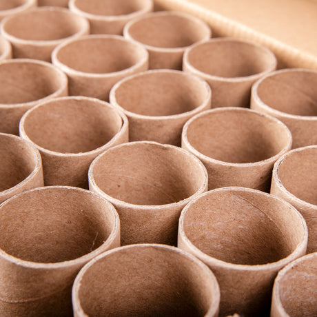 A close-up photograph shows the open ends of multiple papier-mache tubes packed together inside a cardboard box. The natural brown paper texture and layered edges are clearly visible, highlighting the sturdy recycled cardboard construction suitable for creative classroom and craft projects.