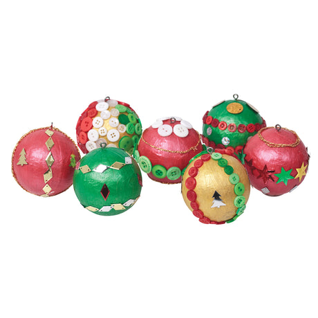 Six decorated Zart Papier-mache Baubles in red, green, and gold, each embellished differently with buttons, sequins, mirrored diamonds, star shapes, and glitter trim in coordinating festive colours. Every bauble has a metal hanging loop at the top, showing a range of mixed-media decorating techniques.