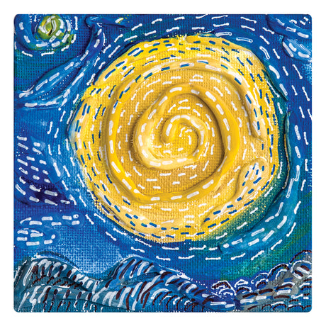 A miniature square canvas artwork features a swirling yellow spiral set against a rich blue background. Thick, textured paint creates raised ridges, while short white dash marks add movement across the surface, highlighting the canvas weave beneath.