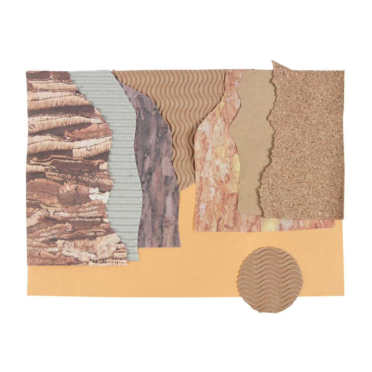 Layered collage of torn corrugated cardboard pieces arranged horizontally. Textures include bark-like print, fine ridges, wavy corrugations and cork surface. Edges are rough and organic, revealing fluted interiors. Neutral earthy tonesbrown, beige, clay and muted greycreate a natural, textural composition.