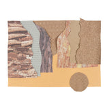 Layered collage of torn corrugated cardboard pieces arranged horizontally. Textures include bark-like print, fine ridges, wavy corrugations and cork surface. Edges are rough and organic, revealing fluted interiors. Neutral earthy tonesbrown, beige, clay and muted greycreate a natural, textural composition.
