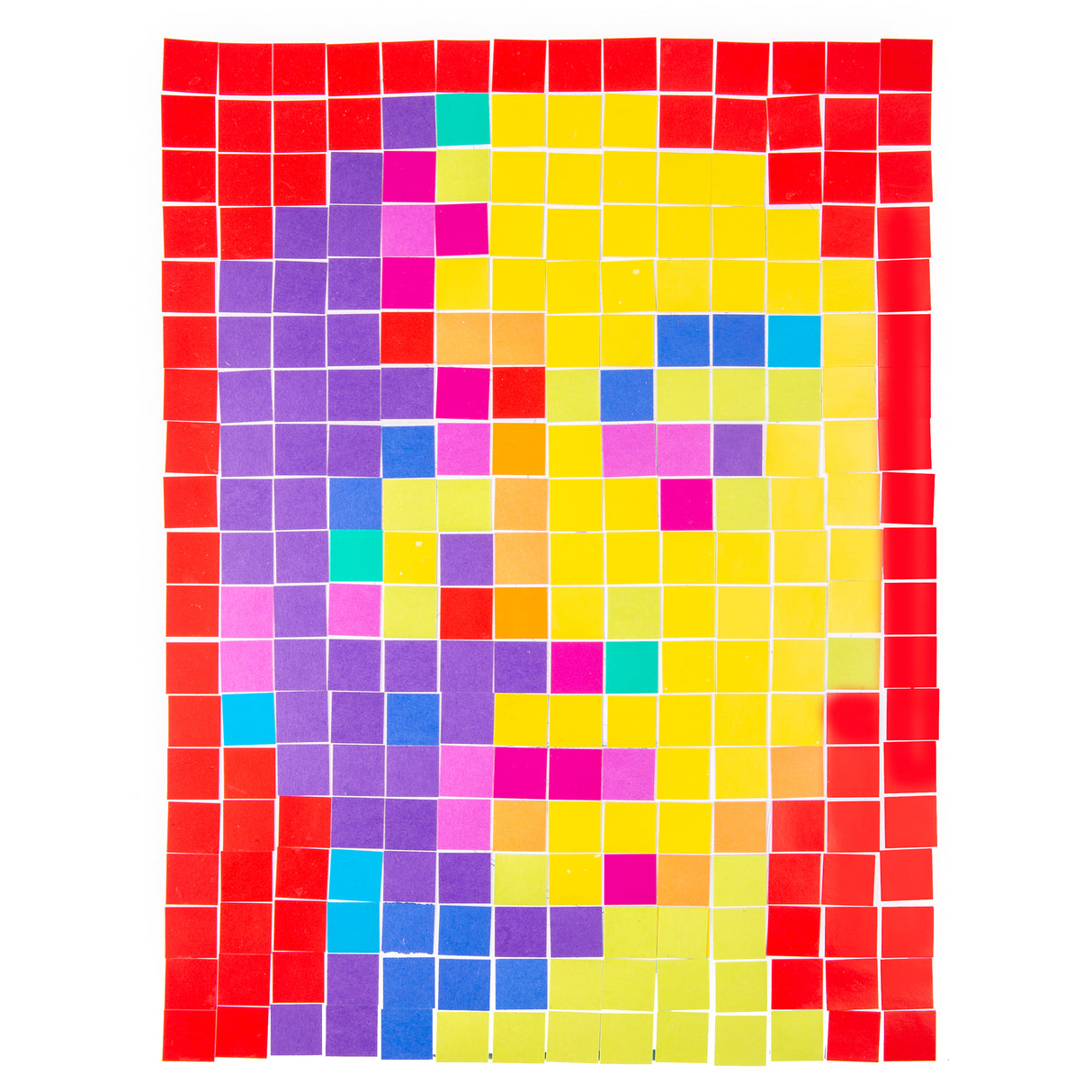 A mosaic artwork made from Cardboard Mosaic Squares 2cm Pack of 4000, with tiles arranged in a grid to form a portrait-style image. A red border frames a central figure worked in purple, yellow, pink, blue and orange squares, showing a pixel-like picture-building technique.