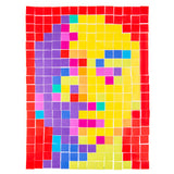 A mosaic artwork made from Cardboard Mosaic Squares 2cm Pack of 4000, with tiles arranged in a grid to form a portrait-style image. A red border frames a central figure worked in purple, yellow, pink, blue and orange squares, showing a pixel-like picture-building technique.