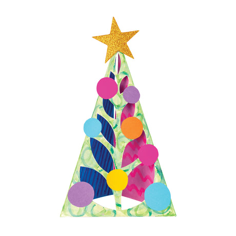 A decorated 3D Zart Cardboard Tree, hand-painted in green with a swirling pattern and pink and navy panels visible through the die-cut leaf shapes. Colourful paper circles in pink, orange, yellow, purple and blue dot the surface, topped with a glittery gold star.