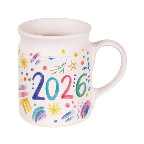 A decorated sample made using a Ceramic Mug Bisque Fired, hand-painted with colourful New Year motifs. The large "2026" sits centre-front in blue, teal, pink and green, surrounded by scattered stars, dots, rainbows and sparkle marks in a soft watercolour-style palette.