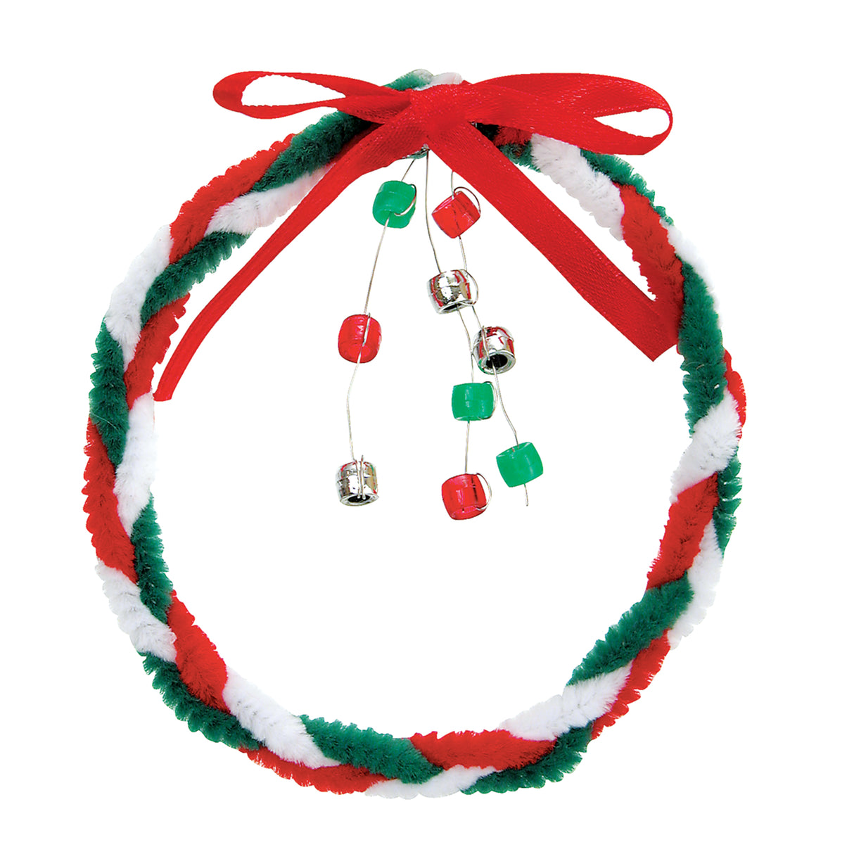 A wreath sample made using Zart Chenille Stems Christmas stems, twisted together in red, green and white and shaped into a ring. A red ribbon bow tops the wreath, with red, green and silver beads dangling from thin wire beneath the bow.