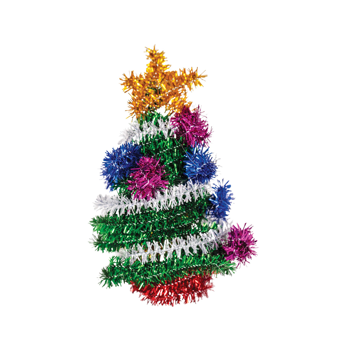 A spiral Christmas tree sample made using Zart Basics Coloured Tinsel Stems, wound in green with a white tinsel garland spiralling around it. Fluffy pom-pom baubles in pink and blue decorate the branches, topped with a sparkly gold tinsel star.