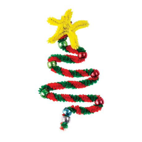 A spiral Christmas tree sample made using Zart Chenille Stems Christmas Stripe stems, twisted into a cone shape with red and green candy-cane stripes running along its length. The tree is topped with a yellow star shape and strung with red, green, blue and silver metallic beads for extra sparkle.