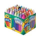 A green and yellow Crayola sidewalk chalk carton viewed from above with its lid removed, displaying rows of cone-tipped chalk sticks standing upright and tightly packed in a wide range of bright and pastel colours. The box sides feature an illustrated band of coloured chalk.