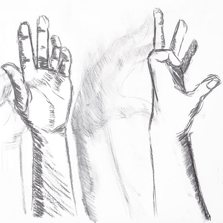 A charcoal study of two raised hands with fingers outstretched and slightly curled. Loose, gestural strokes and directional hatching build tone and shadow across the palms and wrists, with soft smudged shading, demonstrating the expressive, velvety marks achievable with natural willow charcoal.