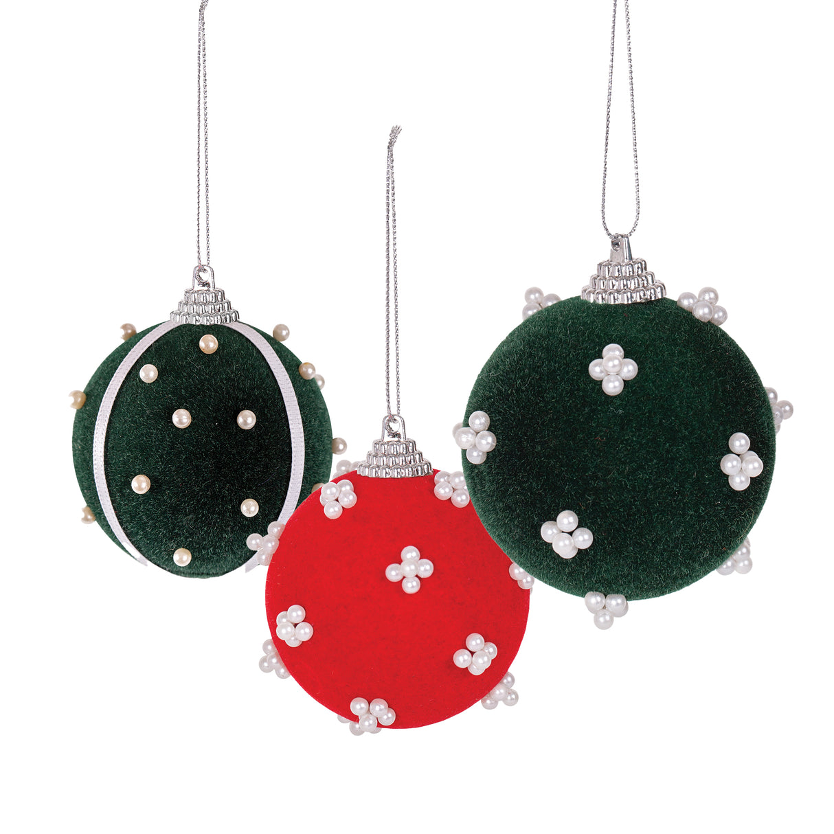 Three Zart Flocked Baubles in deep green and red velvet finish, each studded with clusters of pearl beads. One green bauble features a white ribbon stripe with single pearls, while the others show pearl clusters scattered evenly across the flocked surface.
