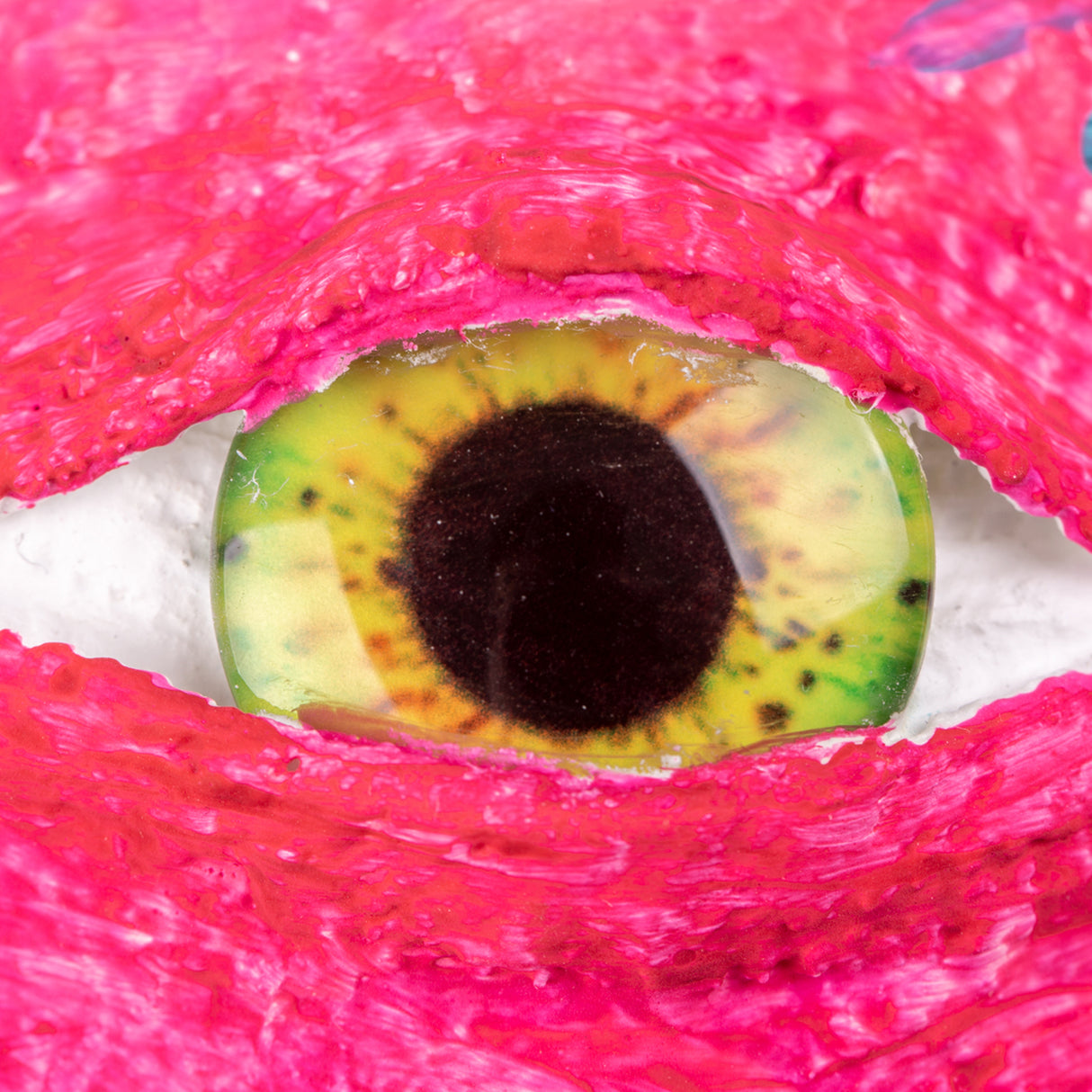 Close-up of a single realistic Creature Eye with yellow-green iris and black pupil set within vibrant pink textured sculpting material. The glossy dome eye features detailed colouring with orange and green tones, demonstrating how the eye can be embedded in creative projects to add dimension and character.
