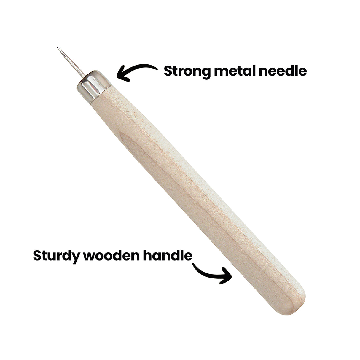 Close-up of a single etching tool showing the strong metal needle point and sturdy wooden handle. The wood surface displays subtle grain and a smooth finish for comfortable control. Annotation text reads “Strong metal needle” and “Sturdy wooden handle” with arrows pointing to each feature.