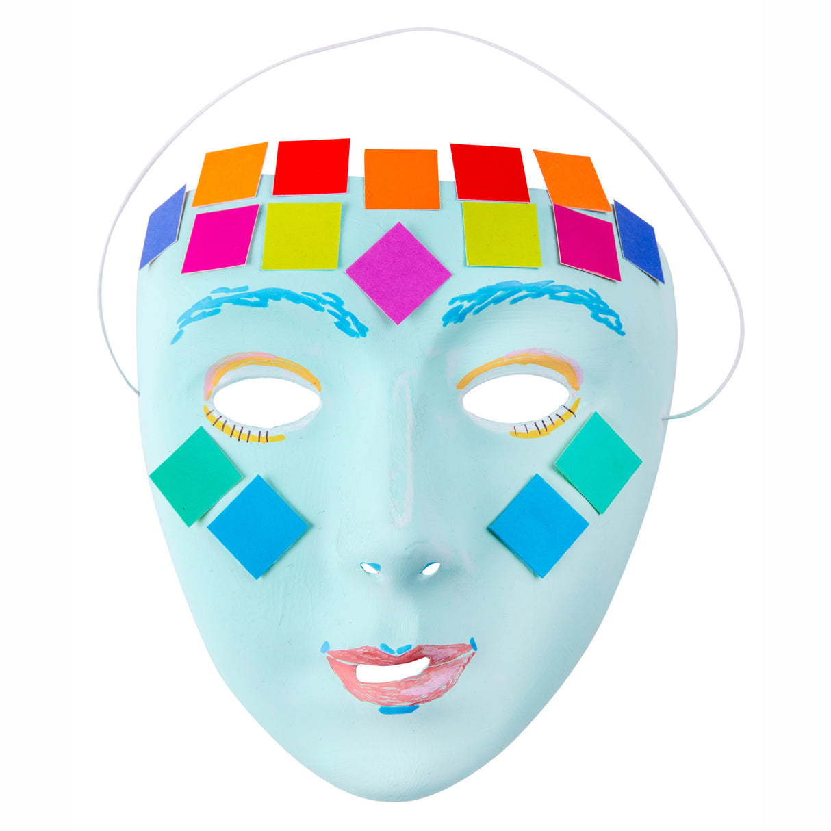 A Zart White Face Mask decorated as a sample artwork. The mask is painted pale blue and embellished with diamond-shaped paper squares in bold neon tones — red, orange, yellow, pink, teal, and blue. Eyes are painted with yellow and orange lids and fine lash detail; lips are painted red-pink.