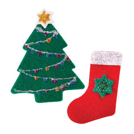 Two Zart Felt Christmas Shapes decorated as samples: a green Christmas tree with a glittered star topper and a beaded glitter garland, paired with a red stocking featuring a glittered white cuff and a glittered green star accent.