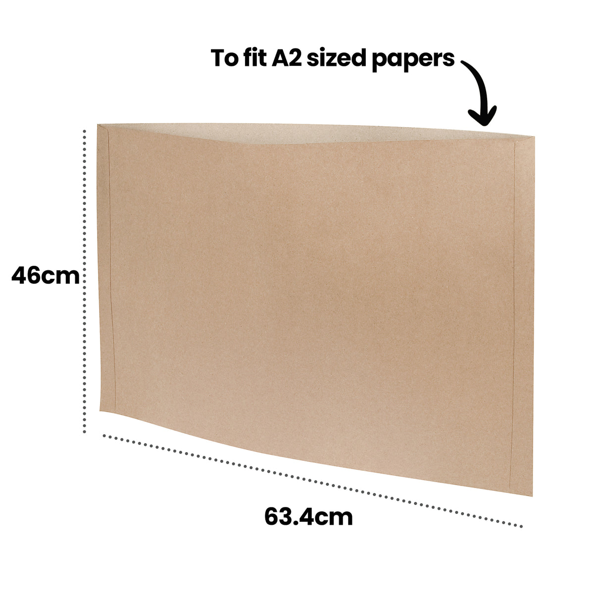 Brown Kraft Card Folio Bag 180gsm shown in natural kraft colour with dimensional annotations. Text reads "To fit A2 sized papers" with measurements indicating 46cm height and 63.4cm width. The flat portfolio bag features a simple fold-over design for secure storage of artwork.