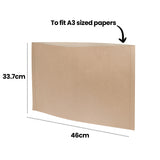 Brown kraft card folio bag shown at an angle displaying its natural tan colour and smooth finish. Dimensional annotations indicate 33.7cm height and 46cm width, with text reading "To fit A3 sized papers" to show its storage capacity for standard art paper sizes.