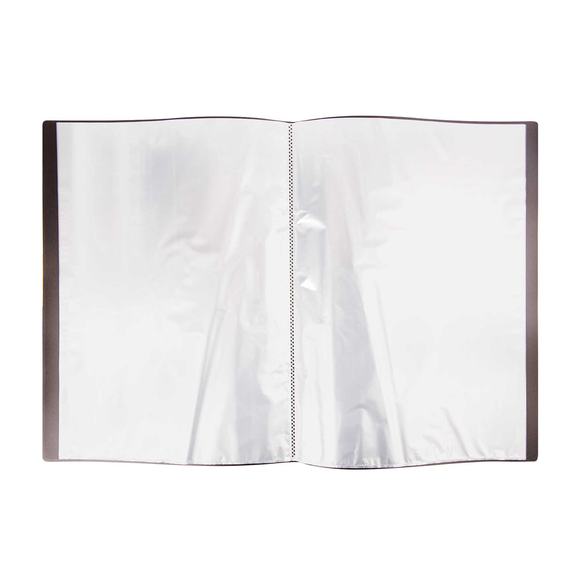 The Quill A3 Display Book shown open flat, revealing clear plastic pockets bound down the centre spine. The transparent sleeves catch soft reflections against a white background, with black cover edges framing each side. Empty pockets ready to hold and display documents or artwork.