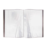 The Quill A3 Display Book shown open flat, revealing clear plastic pockets bound down the centre spine. The transparent sleeves catch soft reflections against a white background, with black cover edges framing each side. Empty pockets ready to hold and display documents or artwork.