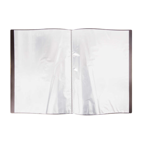 The Quill A3 Display Book shown open flat, revealing clear plastic pockets bound down the centre spine. The transparent sleeves catch soft reflections against a white background, with black cover edges framing each side. Empty pockets ready to hold and display documents or artwork.