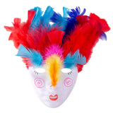 A plain white face mask decorated with Zart Feathers 60g Coloured Pack of 240, fanned across the top like a headdress in red, turquoise, blue, pink and yellow. The mask has pink spiral cheeks, black drawn lashes and red lips, showing a craft application.