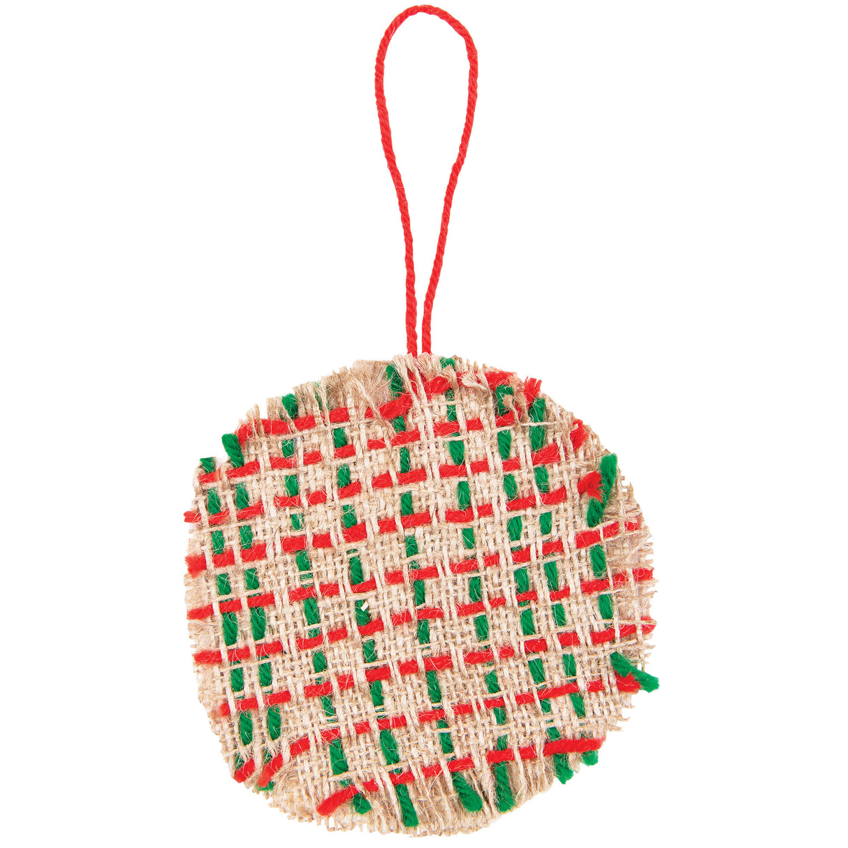 A circular sample artwork made using natural hessian fabric, decorated with red and green yarn woven through the open weave in a grid pattern with frayed edges around the perimeter. A red twisted cord loop is attached at the top for hanging.