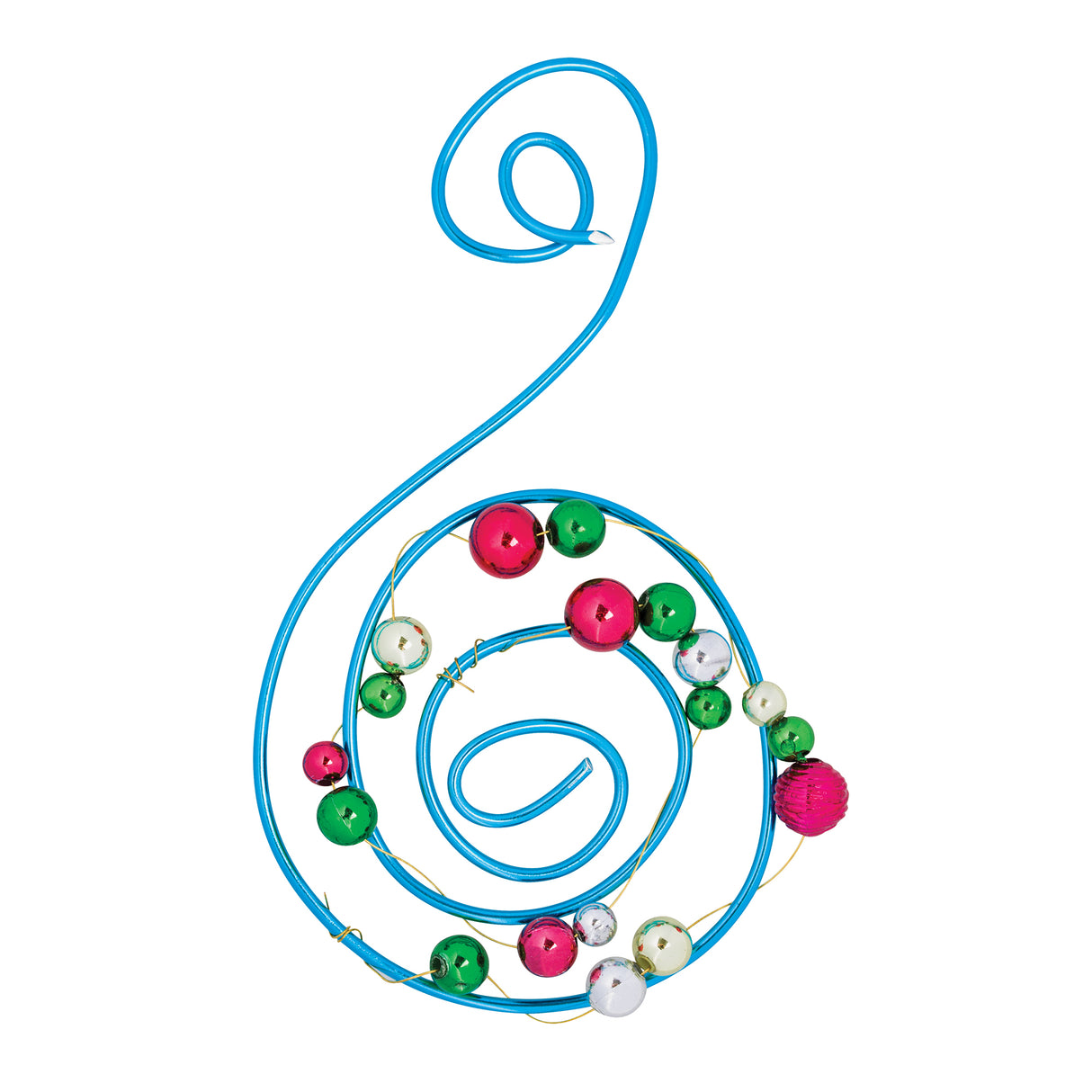 A decorative sculpture made from blue Craft Coloured Wire, shaped into a flowing spiral form and threaded with colourful beads in red, green, white, and pink. Demonstrates the wire's flexibility and suitability for jewellery making and sculptural design projects.