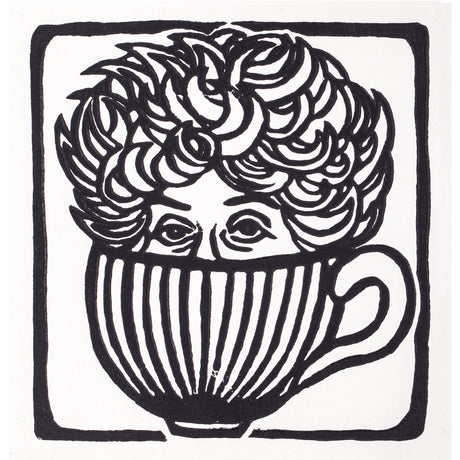 Black and white lino print showing a stylised face with curly hair emerging from a striped teacup. Bold carved outlines and strong contrast highlight the crisp printing results achieved using Silk Cut Lino Tile.