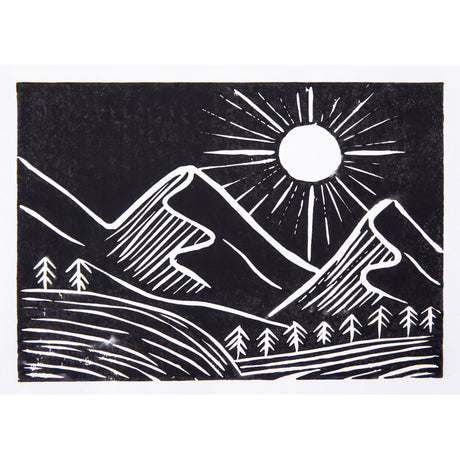 Black and white relief print of a mountain landscape featuring a large sun with radiating lines, layered mountain peaks and rows of small pine trees. Bold black areas contrast with white carved lines, creating strong tonal contrast and linear texture.