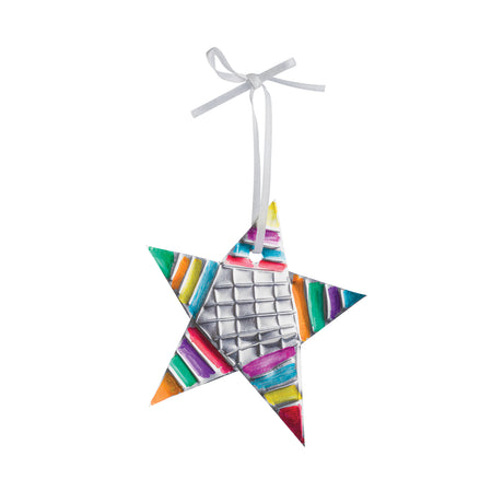 Star-shaped ornament cut from aluminium foil, embossed with a raised grid centre and decorated with colourful painted segments. A white ribbon is threaded through the top for hanging. The metallic surface reflects light, emphasising impressed lines and dimensional detail.