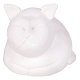 White cat-shaped sculpture crafted from Paper Magiclay, featuring smooth rounded body, pointed triangular ears, simple facial details with closed eyes and whiskers, and small paws. The dried clay displays a clean matte finish with subtle surface texture, demonstrating the material's versatility for creating three-dimensional animal figures.