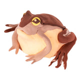 Sculptural frog crafted from Paper Magiclay in earthy tones including chocolate brown, soft beige, cream and ochre. The hand-modelled figure features distinctive yellow and brown circular eyes, textured limbs, and a rounded body. The matte-finish clay layers showcase natural colour blending and smooth surface detail on white background.