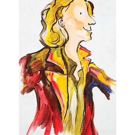 A painted side-profile portrait on white textured Tyvek. A figure with flowing yellow hair faces right, outlined in loose black brushstrokes. The jacket is rendered in bold strokes of red, mustard yellow, brown and blue. Loose, expressive marks and visible brushwork fill the collar and shoulders.