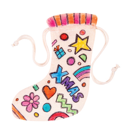 Decorated calico stocking featuring colourful marker designs including stars, rainbow, flower, heart, gift box and the word “XMAS.” The natural fabric texture remains visible beneath bright, bold outlines and filled shapes.