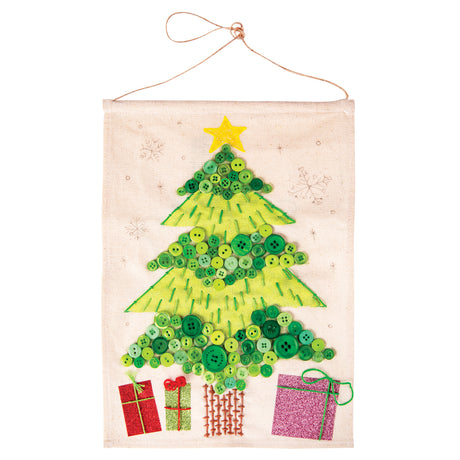 A Zart Calico Banner decorated as a sample artwork with a Christmas tree design. The tree is formed from green and yellow brushstrokes, scattered buttons in varying shades of green, and a yellow felt star topper. Glittery gift boxes in red, green, and pink sit along the bottom edge, with stitched snowflake details in the background.