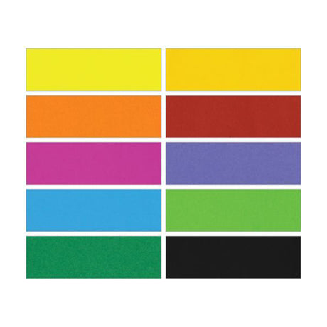 Ten solid colour swatches of Zart Prime Copy Paper arranged in two columns of five rectangles. The colours shown are lemon yellow, golden yellow, orange, red, hot pink, purple, sky blue, lime green, green and black, displayed flat against a white background.