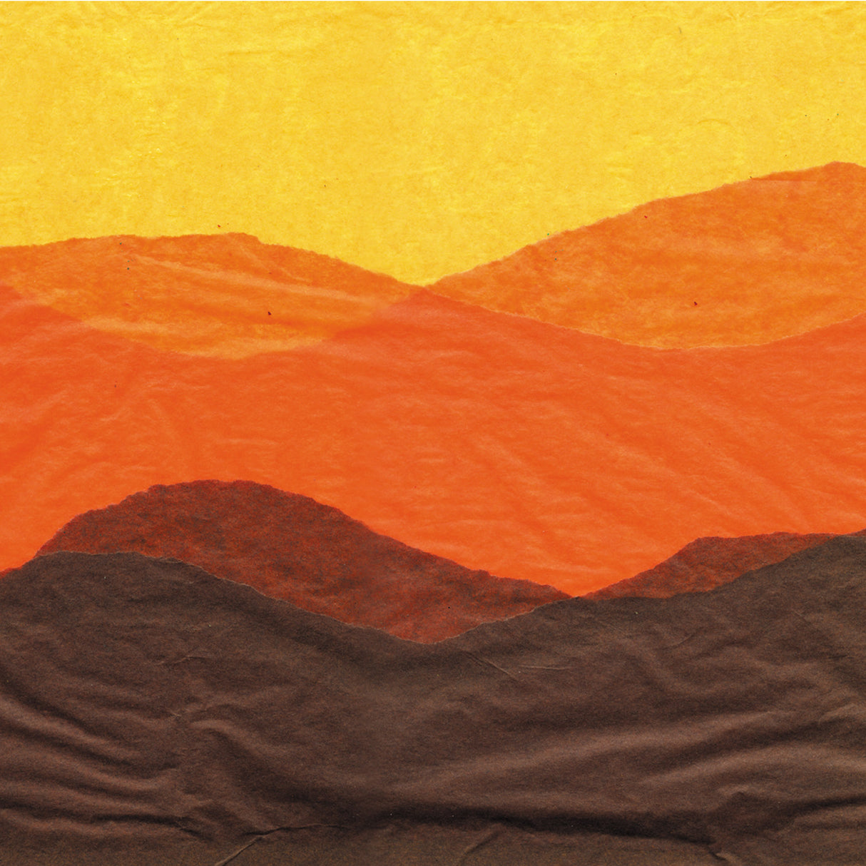 Layered torn tissue paper forms an abstract landscape composition in warm yellow, orange and dark brown tones. The overlapping translucent sheets create soft gradients, textured edges and subtle wrinkled surfaces, highlighting the delicate lightweight quality of Zart Tissue Paper 50x75cm.