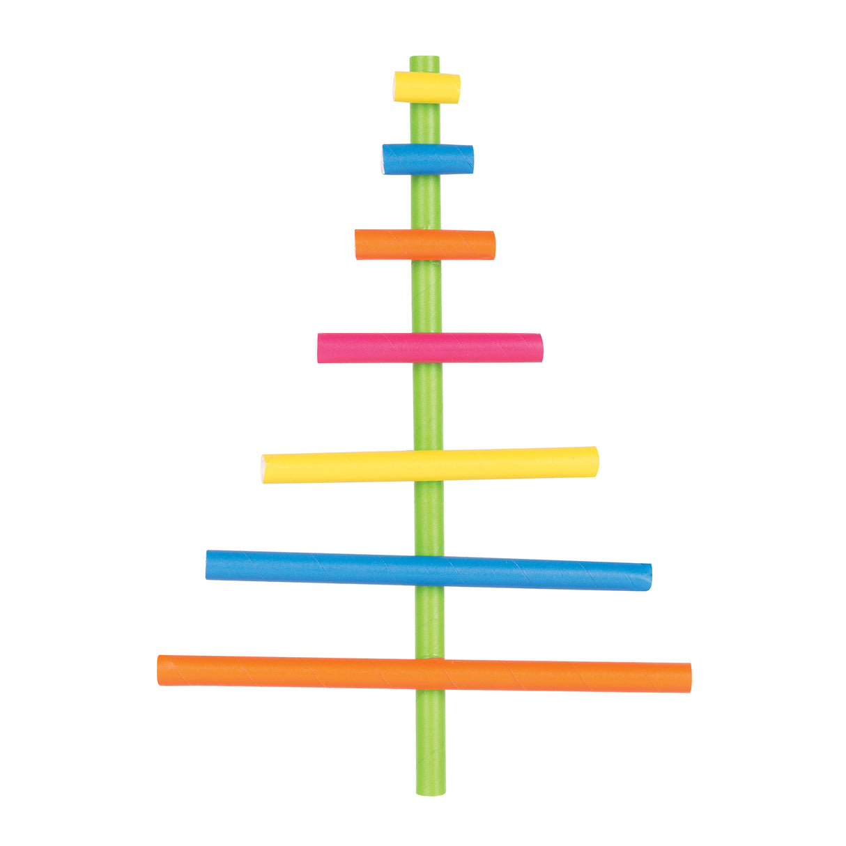 Colourful ECO Paper Straws arranged in a Christmas tree formation, with vibrant yellow, blue, orange, and pink straws threaded horizontally through a vertical green straw. The 8mm diameter straws display their sturdy construction and bright colours against a clean white background, demonstrating their decorative and functional versatility.
