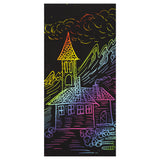 A scratch artwork on black card showing a tall church or chapel with a steeple, tiled roof and arched windows set among mountains and clouds. The scratched lines reveal bright rainbow colours — orange and yellow through the steeple down to pink and blue below.