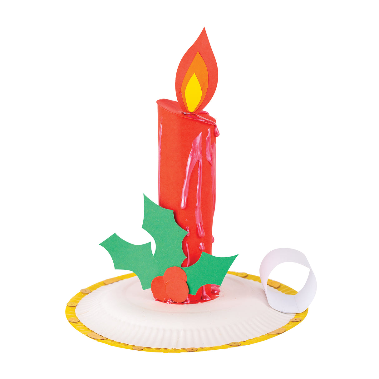 A handmade candle artwork is constructed on a white Paper Plate base with a tall red candle, layered paper flame, green holly leaves and red berry shapes. The plate has a yellow painted rim, small circular embellishments and a curled white paper handle.
