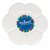 By Zart Daisy palette viewed from above, a white plastic flower-shaped mixing tray with six petal wells surrounding a central circular well. A blue circular label reads "by Zart, Quality Art & Craft Supplies" with the company's Hallam, Victoria address and website.