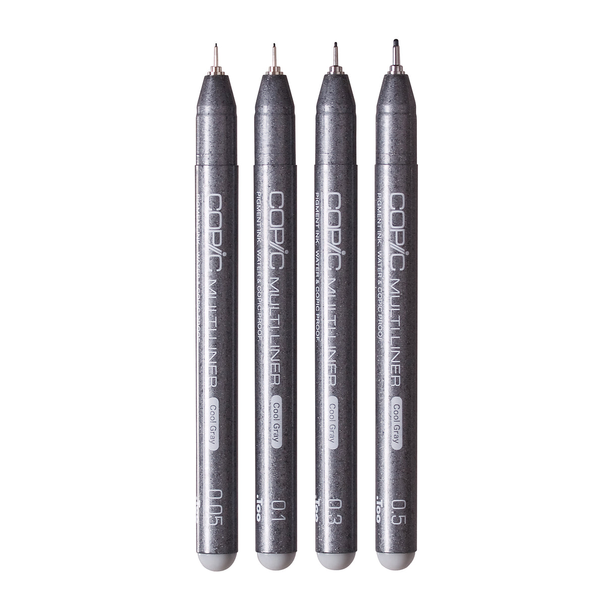 Four Copic Multiliner Cool Gray pens stood vertically side by side, displaying nib sizes 0.05, 0.1, 0.3, and 0.5. Each pen features a dark speckled grey barrel labelled "Copic Multiliner" and "Pigment Ink, Water & Copic Proof", with a light grey barrel end and fine metal nib tip.